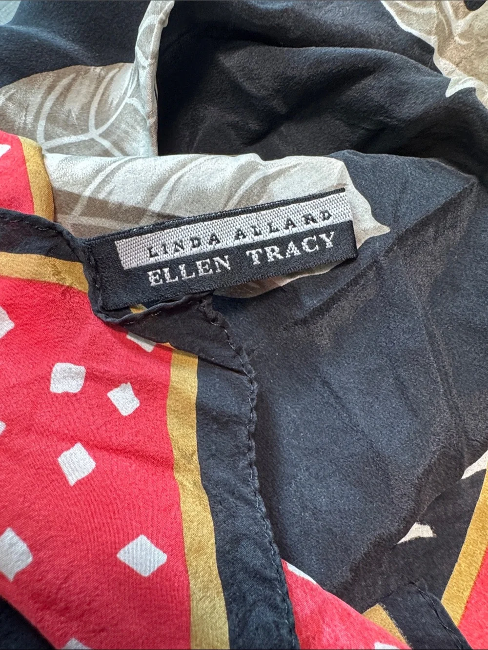 Vintage Ellen Tracy Black Square Floral Silk Scarf with Red Border 32